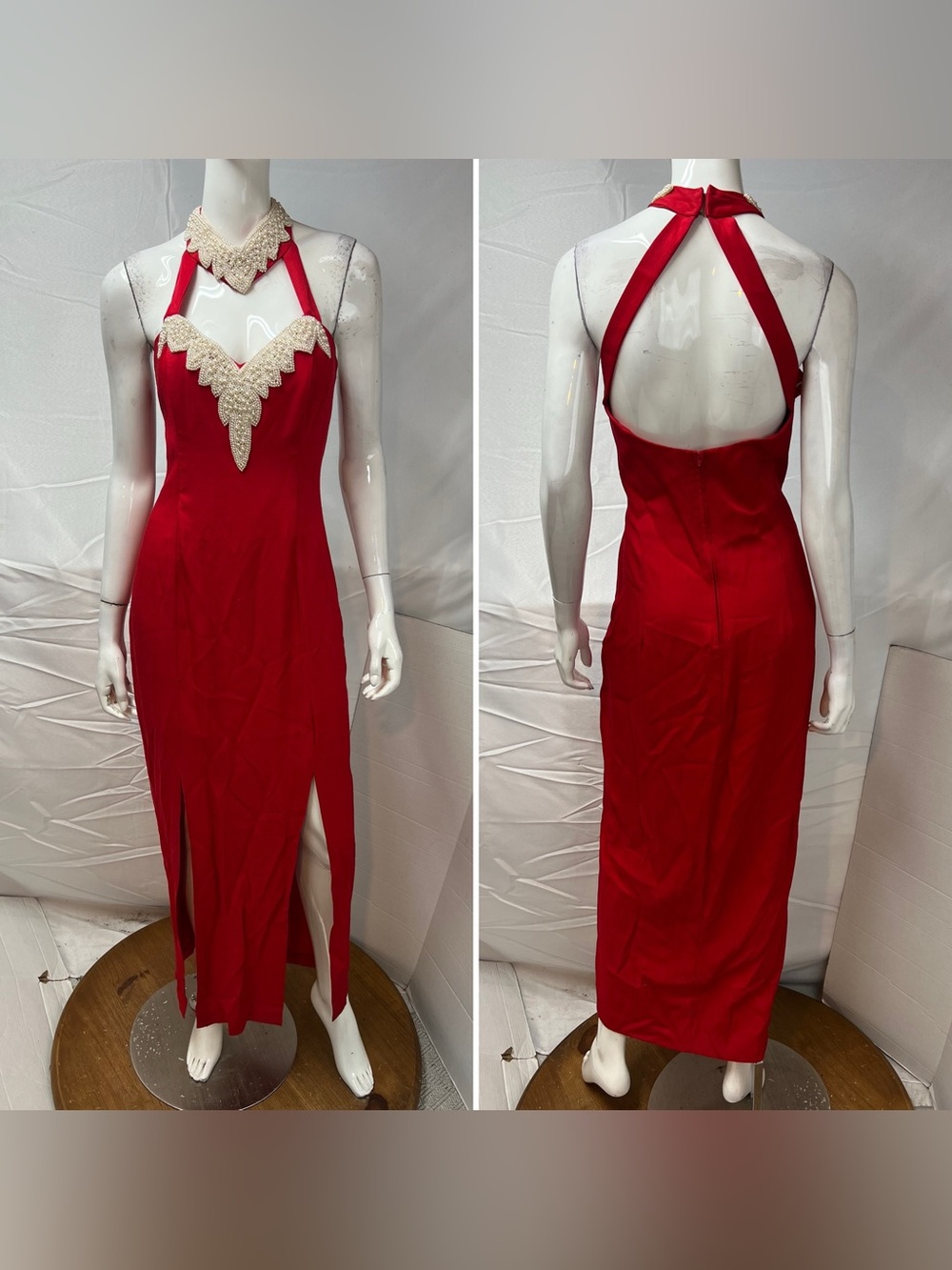 Vintage Women's 12 Red Halter Faux Pearl Embellished Long Slits 80s Gown Dress - Picture 8 of 9